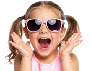 A young girl with pigtails wearing large pink sunglasses, smiling widely with her mouth open and hands raised near her face.