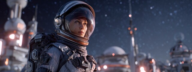 female astronaut in a next-generation space suit standing proudly in front of a futuristic space base on an alien planet. science, resilience, and interplanetary innovation