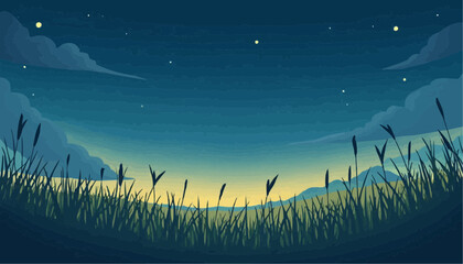 Fototapeta premium Night Sky Landscape with Stars and Grass in Calm Countryside Scene