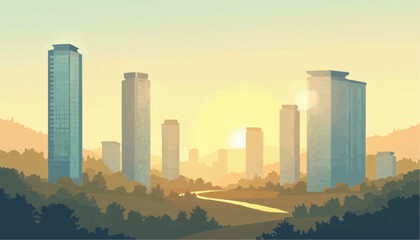 Fototapeta premium Sunrise Over Modern Cityscape with Tall Skyscrapers and Natural Landscape