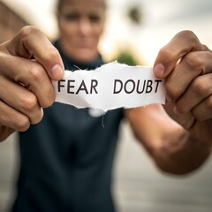 Two hands holding a torn paper labeled “FEAR” and “DOUBT” against cracked backdrop — symbolizing breaking inner barriers and reclaiming control