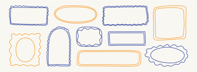 Obraz premium Whimsical hand drawn Italian borders. Blue, yellow postcard stamp set. Vintage Italy summer frames. Minimal mediterranean elements for menu, wedding, invitation. Doodle Isolated vector illustration.