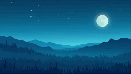 Serene Night Landscape with Full Moon and Mountain Range in Cool Blue Tones