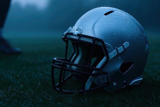Metallic helmet with water droplets lying on grassy pitch, reflecting protection, gear and tough weather training