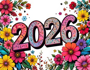 letras 2026 con flores de colores alrededor y fondo blanco