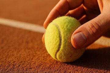 Hand grabbing yellow tennis ball from ground, representing precision, control and the start of game or serve