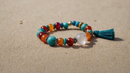 Colorful beaded bracelet with tassel on sandy beach  vibrant oceaninspired jewelry design