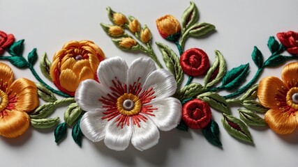 Vibrant floral embroidery: detailed stitched flowers in red, orange, and white on fabric