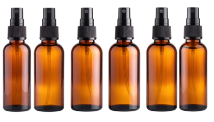 Six amber glass spray bottles with black nozzles are aligned side by side, showcasing their uniform design and glossy finish.