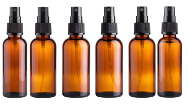 Six amber glass spray bottles with black nozzles are aligned side by side, showcasing their uniform design and glossy finish.