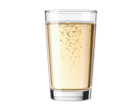 A clear glass filled with a light golden fizzy beverage showing bubbles rising to the surface.