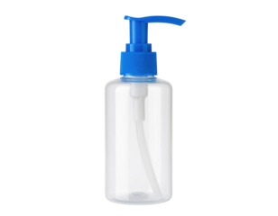 A clear plastic pump bottle with a blue dispenser cap, designed for dispensing liquids like soap, lotion, or sanitizer.