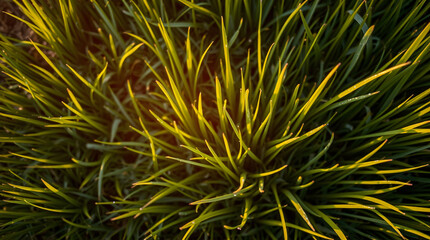 Top view of vibrant grassy plant glowing in warm golden evening light