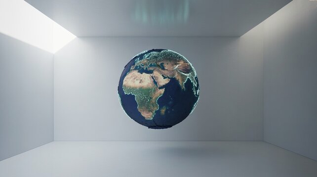 Globe Dot Earth Globe Floating in a Minimalist White Room with Dramatic Lighting - Powered by Adobe