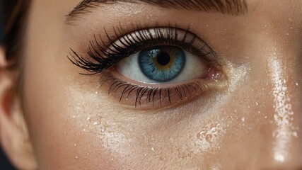 Stunning closeup of blue eye with water droplets on skin reflecting beauty and detail
