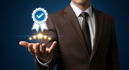 Businessman holding holographic five-star rating with blue checkmark badge symbolizing achievement and high quality service