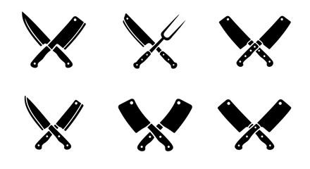 Crossed Butcher Knives and Meat Cleavers Icon Set.  Symbolizes butchery, cooking, and culinary arts. Ideal for kitchen themes.