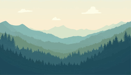 Fototapeta premium Serene Forest Mountain Landscape with Layered Trees and Soft Cloudy Sky