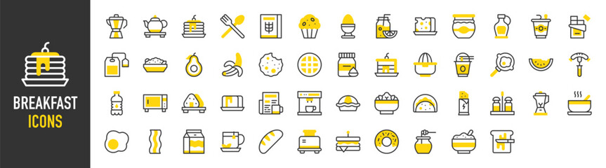 Such as Breakfast icons. Cutlery, Soup, Bread, banana, honey, Orange Juice, Milk Box, Cookies, Honey Jar, Omelette, Fried Egg, Oatmeal, Salad, Water Bottle, Banana, Tea Bag, Syrup vector illustration.