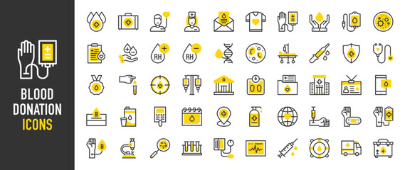 Such as Blood donation icons. Bandage, First Aid Box, Placeholder, Cardiac, Blood Cells, Weighing Scale, Shield, Blood Type, Test Tube, Microscope, Dna, Milk vector illustration.