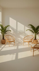 Tropical minimalist interior with central empty space, rattan and wood furniture, lush plants, and soft natural shadows.