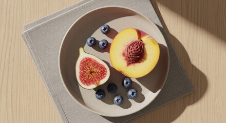 Sliced peach and fig with blueberries on a plate, illuminated by sunlight.
