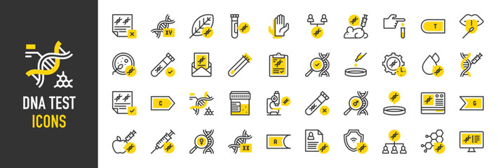 Such as Dna test icons. Blood Test, Pcr Machine, Inheritance, Chromosome, Test Results, Biotechnology, Sperm, Mouse, Test Tube, Microscope, Cotton Swab, Structure vector illustration.