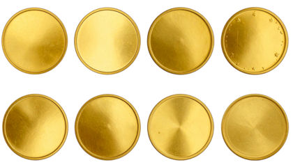 three gold-colored coins or circular tokens arranged in a row each coin has a slightly different surface texture. with variations in shine and finish. suggesting they may serve different purposes