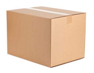 A rectangular cardboard box sealed with white packing tape.