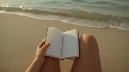 Close-up of a person holding an open book while sitting on the beach. Calm seaside atmosphere with soft golden light and gentle waves in the background.
