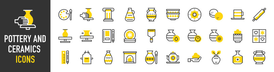 Such as pottery and ceramics icons. Column, Color Palette, Sun, Fireplace, Plates, Vase, Apron, Notebook, Pencil And Ruler, Plant Pot, Pottery, Rolling Pin, Spatula vector illustration.