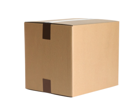A closed, brown cardboard box sealed with brown packing tape on the top and side.