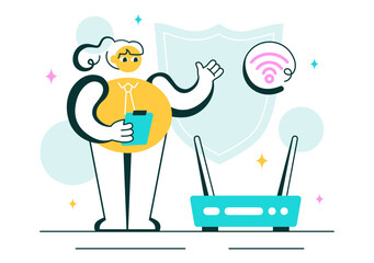 WiFi Security Vector Illustration with Wireless Technology Devices for Internet Connection, Network Protection, Safe Access, and Password Encryption