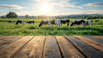 Empty wooden table with blurred grazing cows in green meadow at sunset