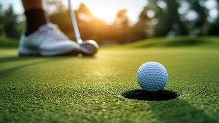 Golfer putting ball on the green at sunset