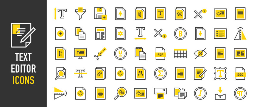 Such as Text editor icons. Doc, Pdf, Print, Hidden, Line Spacing, Filter, Attachment, Paste, Write, Table, Font, Justify, Cut, Flip, Height, Horizontal, Import vector illustration.