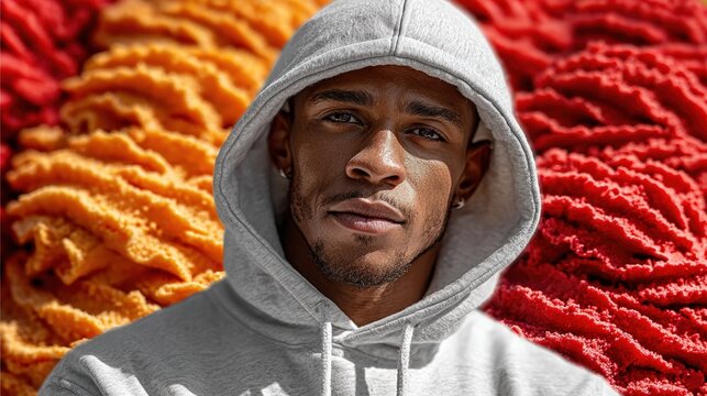 Young man in gray hoodie with vibrant texture background