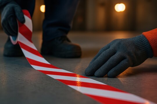 Close-up of gloved workers placing red and white tape on floor, emphasizing hazard marking and safety zones