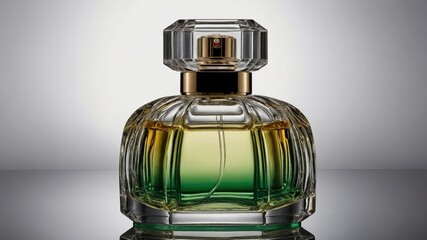 Elegant crystal perfume bottle with gradient green and gold fragrance on reflective surface