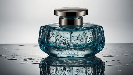 Elegant blue glass perfume bottle with water droplets in stylish minimalist reflection