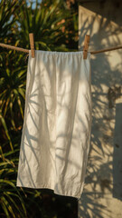 White linen towel on rope clothesline with wooden pins, gently blowing in golden hour sunlight.