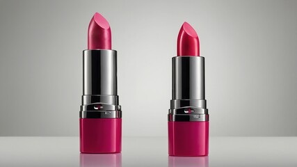 Vibrant pink lipstick duo on minimalist grey background for modern beauty themes