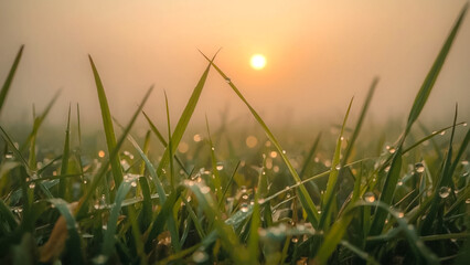 Close-up of fresh morning dew on green grass blades with golden sunrise in the background, soft light and shallow depth of field.


