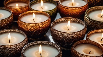Elegant candle arrangement in textured metallic holders for cozy atmosphere and festive decor