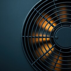 Black metal grill over fan blades with orange light showing motion, used for airflow in industrial environments