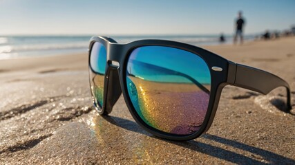Sunglasses on sandy beach reflecting vibrant ocean waves and blue sky