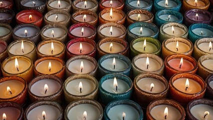 Vibrant array of colored candles illuminates a cozy ambiance