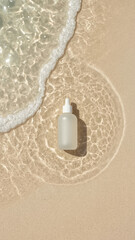 Minimalist skincare dropper bottle on wet sand with sunlight and sea wave. Clean, tropical flat lay with natural ripple reflections.

