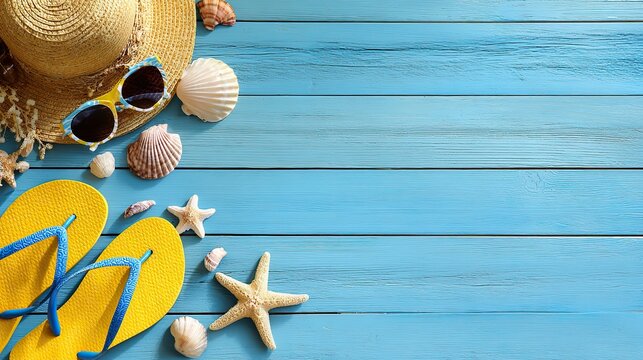 Flat lay of summer beach accessories on blue wooden background with straw hat, flip-flops, sunglasses, seashells, and starfish, symbolizing vacation and tropical relaxation with copy space - Powered by Adobe