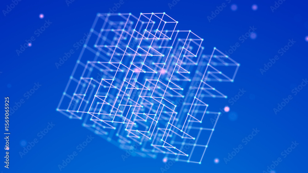 Fototapete 3d cube of lines and dots. wireframe polygonal element on dark background. science and technology. 3